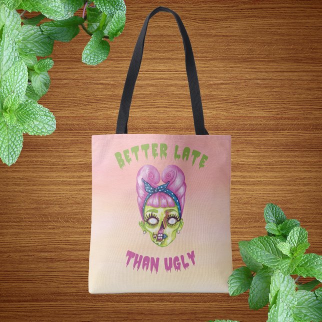 Better Late Than Ugly Cute Zombie Face Tote Bag (Creator Uploaded)