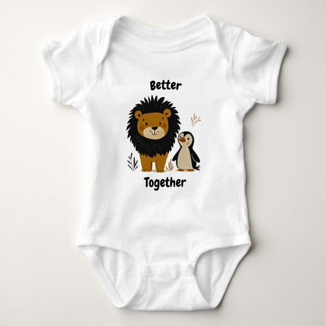Better Together Lion and Penguin - Cute Animals Baby Bodysuit (Front)