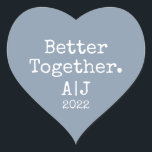 Better Together Monogram Year Dusty Blue Wedding Heart Sticker<br><div class="desc">Lovely pretty heart sticker or envelope seal with the text 'Better Together.', your monogram and wedding year in chic stylish typography on a dusty blue background. Perfect for your Christmas and Valentine gifts, baby shower, bridal shower, wedding mail and favours, small business mailing and festive packages, add some love to...</div>