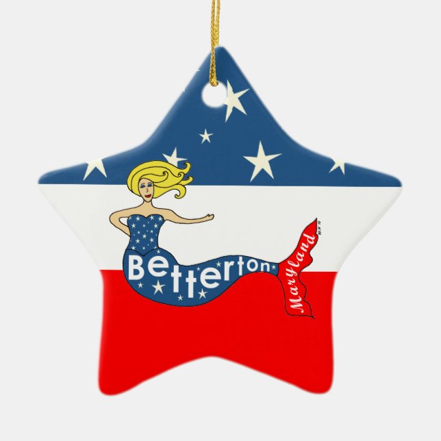 Betterton Mermaid Red, White & Stars Ceramic Tree Decoration (Front)