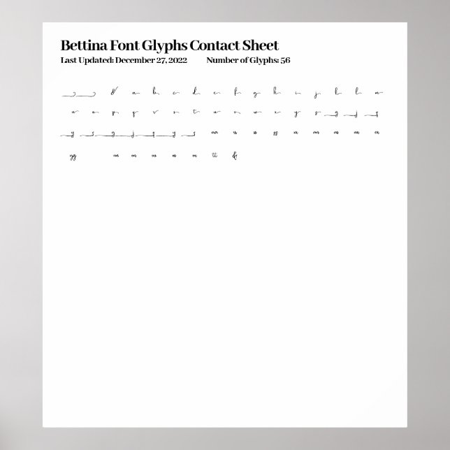 Bettina Font Glyphs Contact Sheet Poster (Front)
