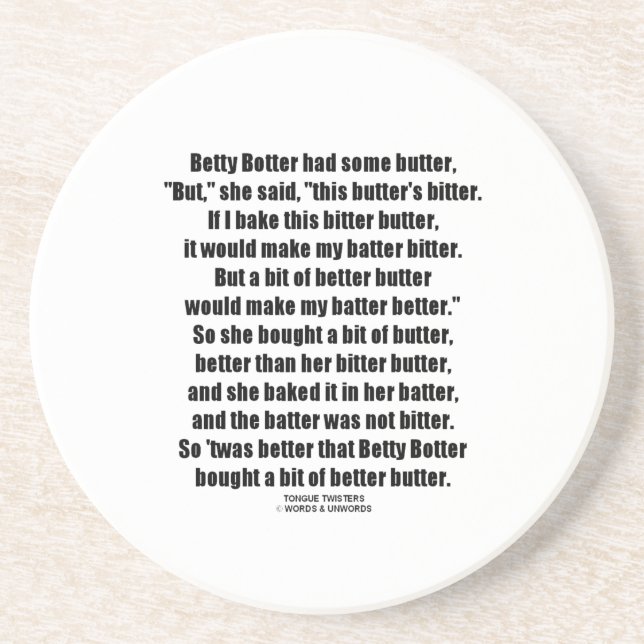 Betty Botter Better Butter (Tongue Twister) Coaster (Front)