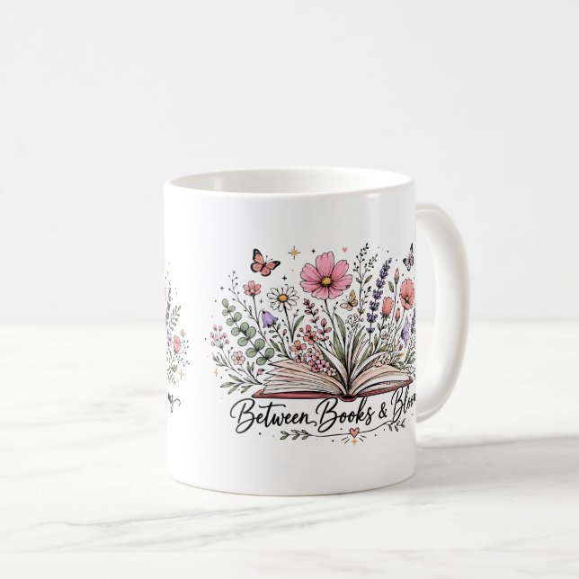 Between books and blooms book lover reader coffee mug (Front Right)