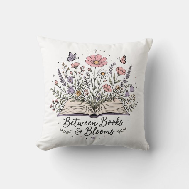 Between books and blooms book lover reader cushion (Front)