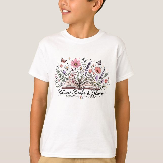 Between books and blooms book lover reader T-Shirt (Front)