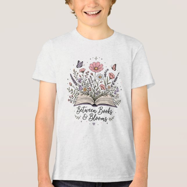 Between books and blooms book lover reader Tri-Blend shirt (Front)
