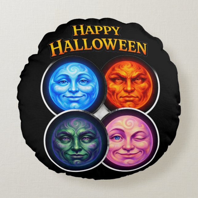 Between four elements, moon faces festive Gothic g Round Cushion (Front)