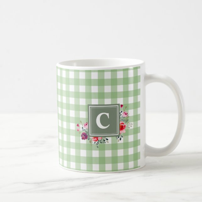 Beuatiful classic greenery tartan initial floral coffee mug (Right)