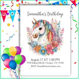 Beutiful Unicorn Girl Birthday Invitation