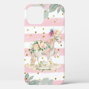 Beutiful Unicorn Pastel Pink Stripes Glitter iPhone 12 Case