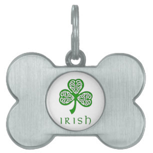 Beveled Celtic Knot Shamrock over Irish text Pet Tag