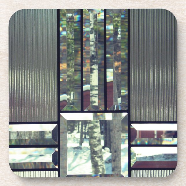 Beveled glass birch trees metallic silver modern coaster (Front)
