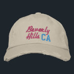 Beverly Hills CA Pink and Turquoise Vintage Style Embroidered Hat<br><div class="desc">Beverly Hills CA Pink and Turquoise embroidered on beige vintage style distressed cotton hat. Embroidery is customisable to other colour choices by selecting the "Edit Design" tool button. Also available is the option to select choice of hat colour on the main item page.</div>
