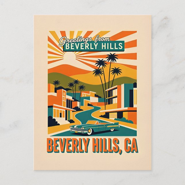 Beverly Hills, CA Retro Whimsical Colourful Postcard (Front)
