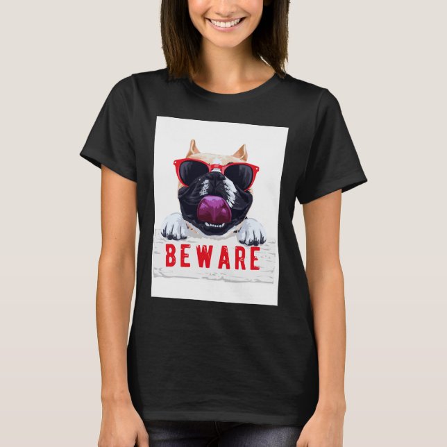 Beware colourful pug dog 149 T-Shirt (Front)