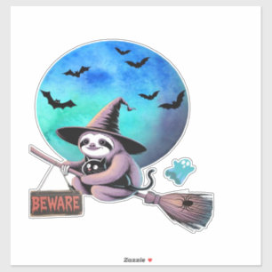 Beware Cute Witch Sloth Flying on Broom Halloween 