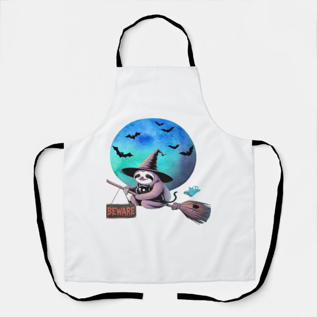 Beware Cute Witch Sloth Flying on Broom Halloween  Apron (Front)