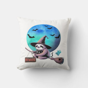 Beware Cute Witch Sloth Flying on Broom Halloween Cushion