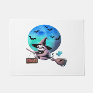 Beware Cute Witch Sloth Flying on Broom Halloween Doormat