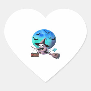 Beware Cute Witch Sloth Flying on Broom Halloween Heart Sticker