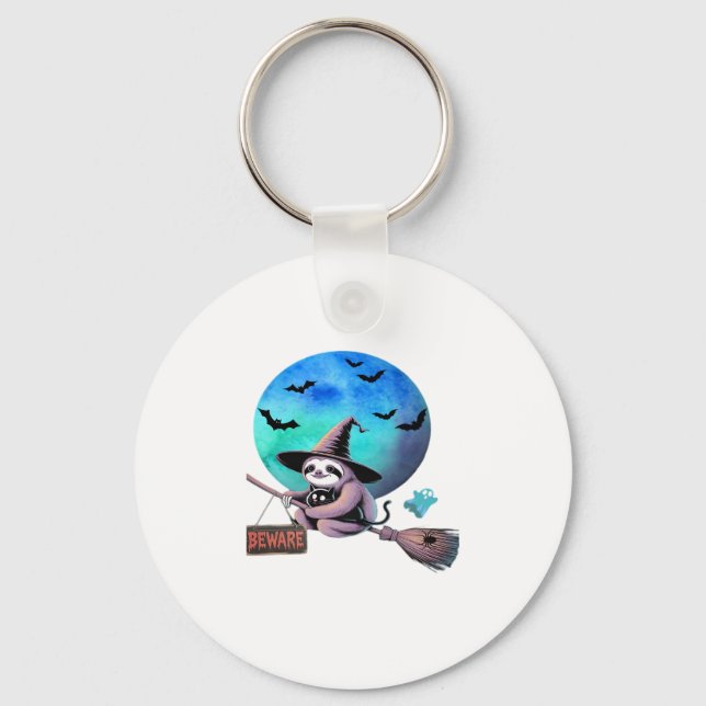 Beware Cute Witch Sloth Flying on Broom Halloween  Key Ring (Front)