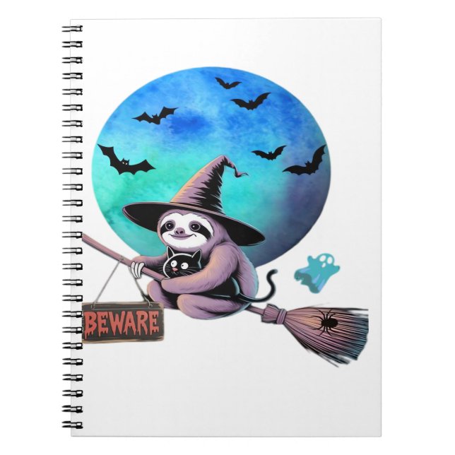 Beware Cute Witch Sloth Flying on Broom Halloween  Notebook (Front)