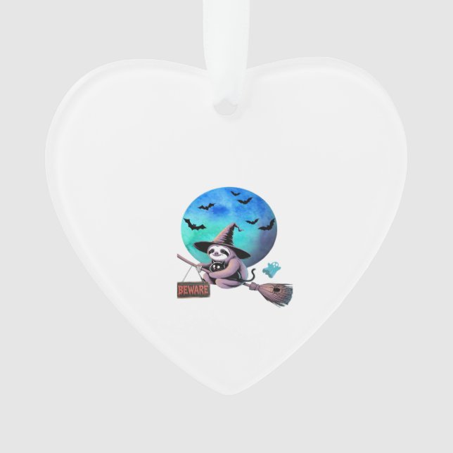 Beware Cute Witch Sloth Flying on Broom Halloween  Ornament (Front)
