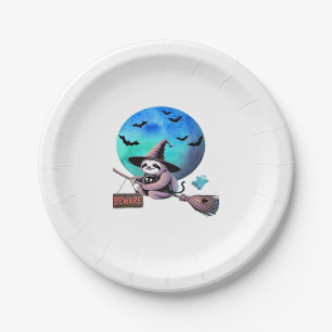 Beware Cute Witch Sloth Flying on Broom Halloween  Paper Plate