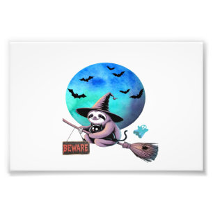 Beware Cute Witch Sloth Flying on Broom Halloween Photo Print