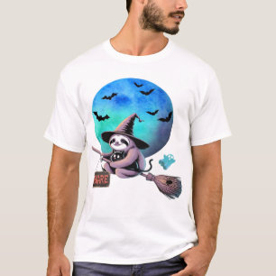 Beware Cute Witch Sloth Flying on Broom Halloween T-Shirt