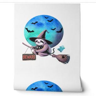 Beware Cute Witch Sloth Flying on Broom Halloween Wallpaper