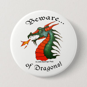 Beware Dragons White 7.5 Cm Round Badge