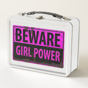 BEWARE Girl Power - Pink Black Metal Danger Sign Lunch Box