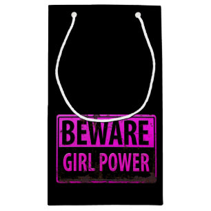BEWARE Girl Power - Pink Black Metal Danger Sign Small Gift Bag