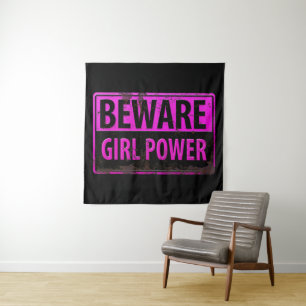 BEWARE Girl Power - Pink Black Metal Danger Sign Tapestry