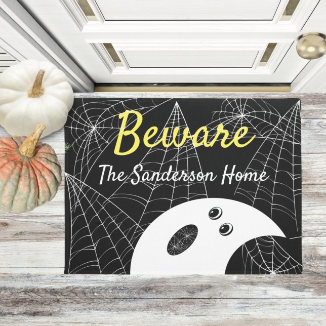 Beware Modern Minimalistic Ghost Halloween Family Doormat (Creator Uploaded)