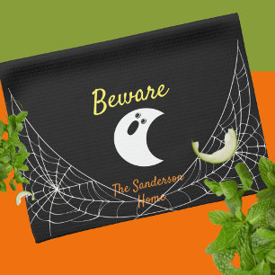 Beware Modern Minimalistic Ghost Halloween Family Tea Towel