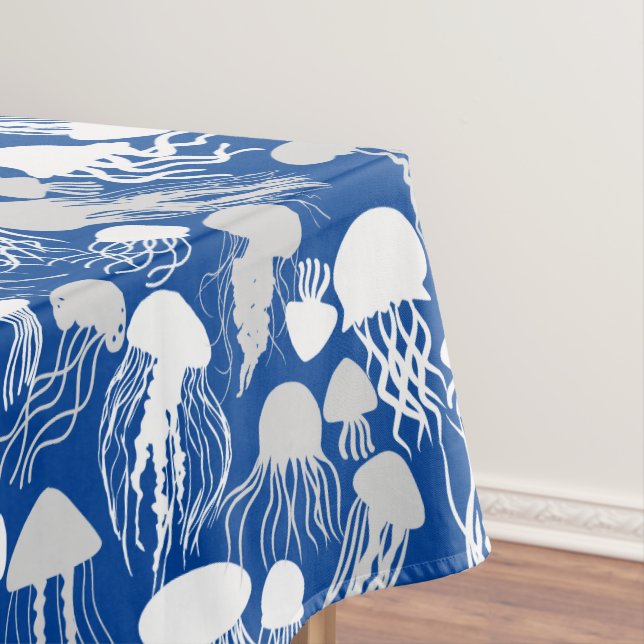 Beware of Jellyfish.w.b Blue BG Tablecloth (In Situ)