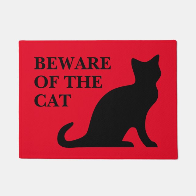 Beware of the cat funny red door mat for cat owner (Front)