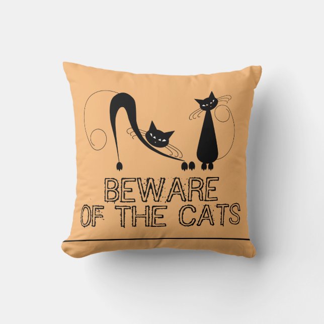Beware of the Cats, Elegant Black Cat Cushion (Front)