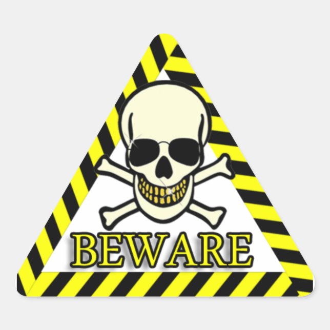 Beware Smiling Skull With Sunglasses Triangle Sticker (Front)
