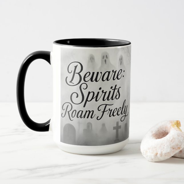Beware Spirits Roam Freely Foggy Graveyard Design Mug (With Donut)