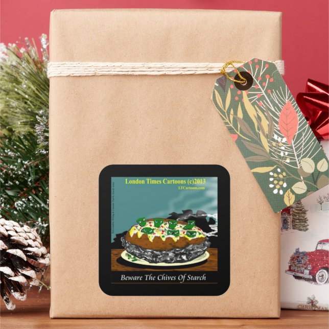 Beware the Chives of Starch – Funny Foodie Cartoon Square Sticker (Holiday)