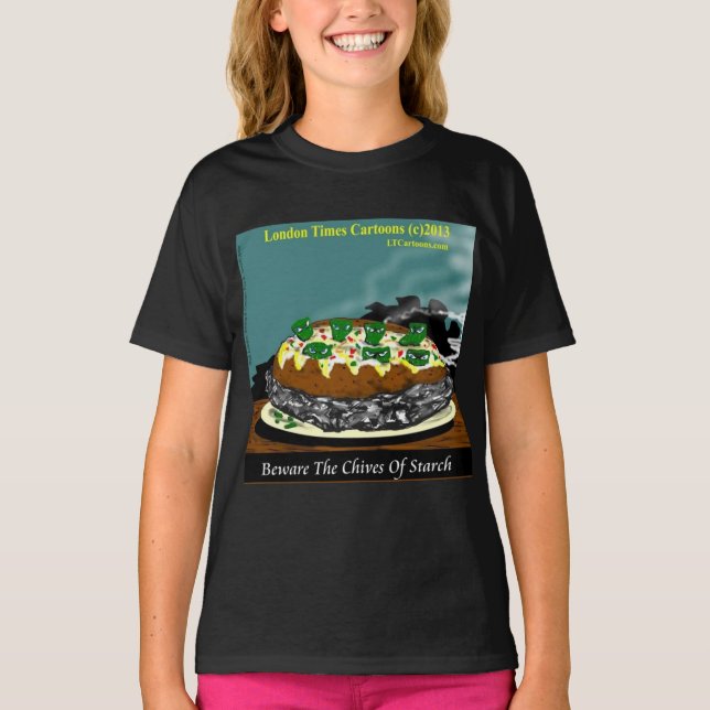 Beware the Chives of Starch – Funny Foodie Cartoon T-Shirt (Front)