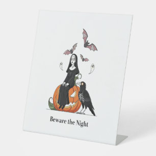 Beware the Night Spooky Nun Pedestal Sign