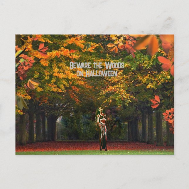 Beware the woods on Halloween vampire witch Holiday Postcard (Front)