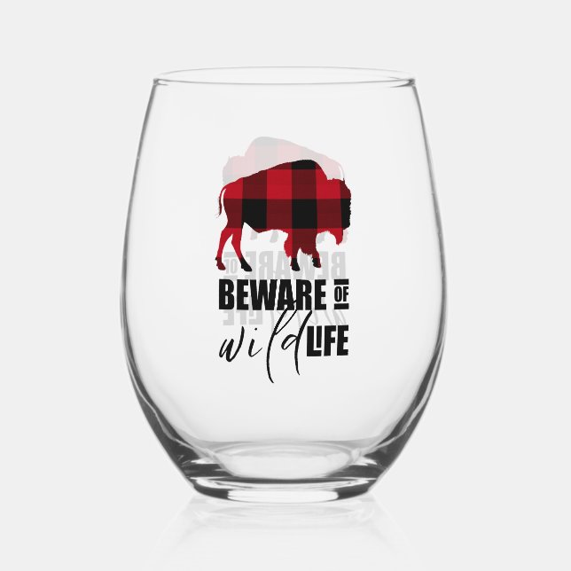 Beware Wild Life Buffalo Plaid ID669 Stemless Wine Glass (Front)