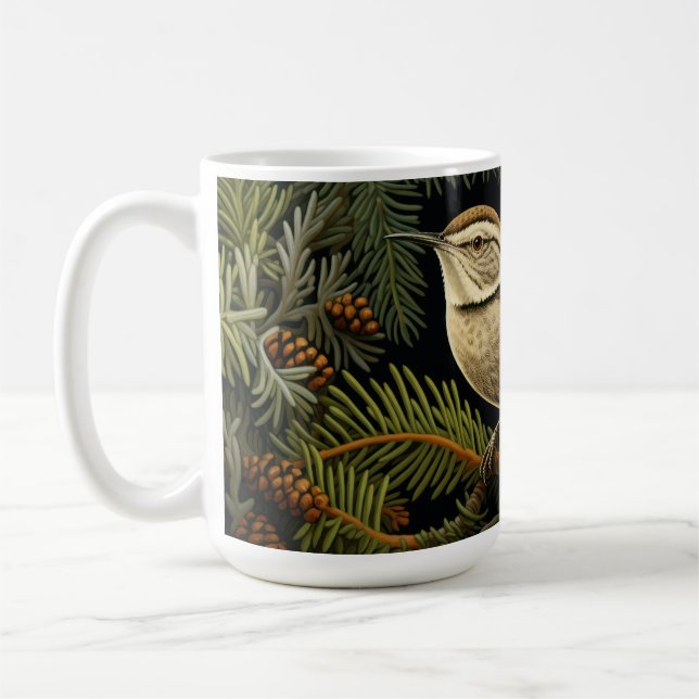Bewick’s wren on fir branches coffee mug (Left)