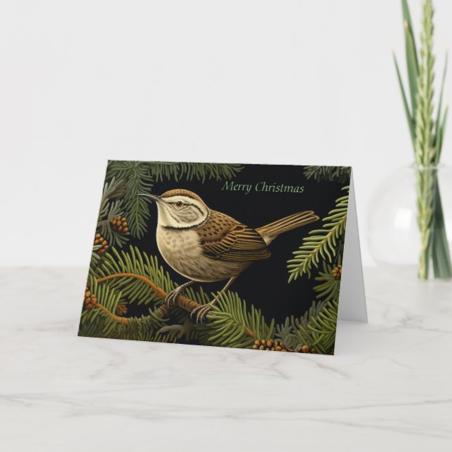 Bewick’s wren on fir branchesFolded Christmas Card (Front)