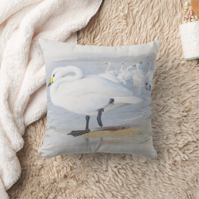  Bewick's swan, Birds illustration Cushion (Blanket)